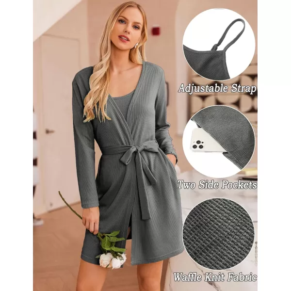 Ekouaer Womens 3 Piece Waffle Knit Lounge Set Soft Pajama Sets Tank Top and Shorts Loungewear Long Cardigan with pocket SXXLGrey