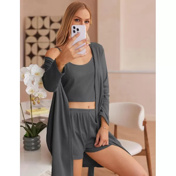 Ekouaer Womens 3 Piece Waffle Knit Lounge Set Soft Pajama Sets Tank Top and Shorts Loungewear Long Cardigan with pocket SXXLGrey