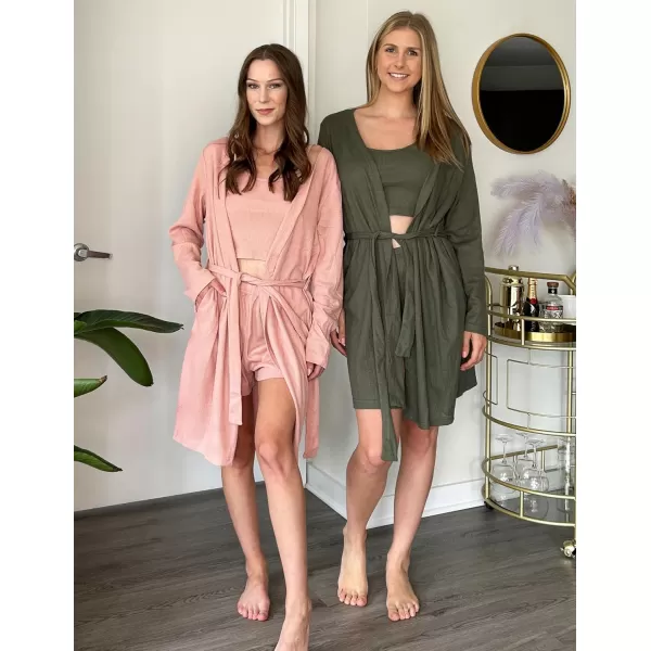 Ekouaer Womens 3 Piece Waffle Knit Lounge Set Soft Pajama Sets Tank Top and Shorts Loungewear Long Cardigan with pocket SXXLPink