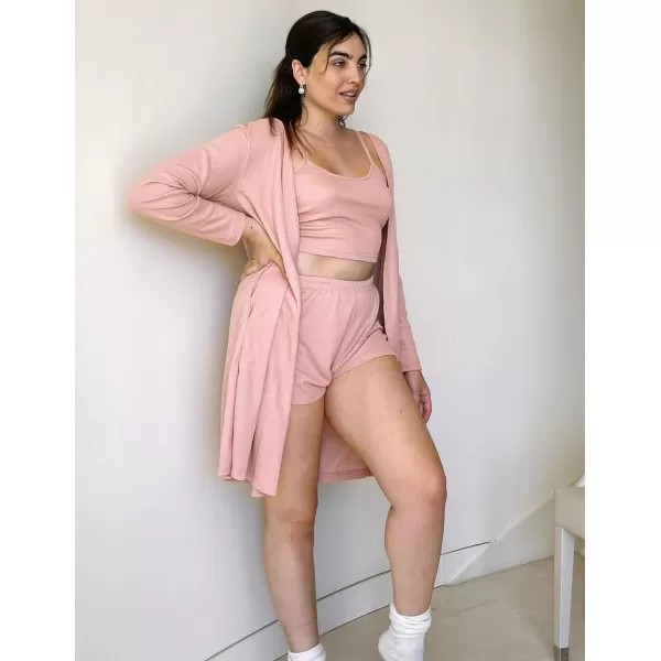 Ekouaer Womens 3 Piece Waffle Knit Lounge Set Soft Pajama Sets Tank Top and Shorts Loungewear Long Cardigan with pocket SXXLPink