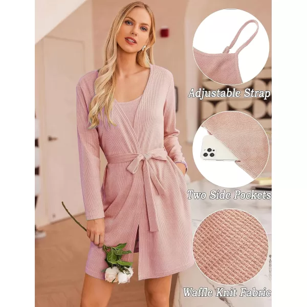 Ekouaer Womens 3 Piece Waffle Knit Lounge Set Soft Pajama Sets Tank Top and Shorts Loungewear Long Cardigan with pocket SXXLPink