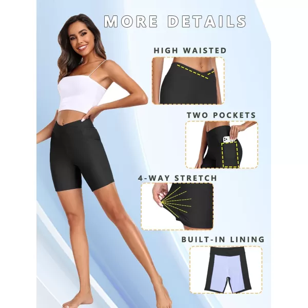 Ekouaer Womens 85 Board Shorts High Waisted Swimsuit Bottoms Cross Waist Beach Surf Swimwear with Pocket S3XLBlack