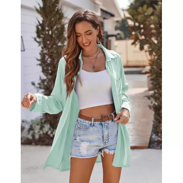 Ekouaer Womens Beach Bikini Coverup Long Rollup Sleeve Beach Shirt Bathing Suit Cover UpAqua Green