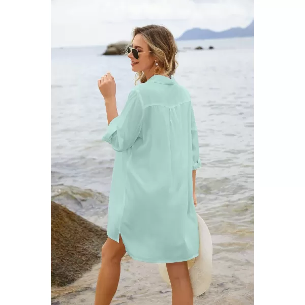 Ekouaer Womens Beach Bikini Coverup Long Rollup Sleeve Beach Shirt Bathing Suit Cover UpAqua Green