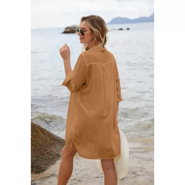 Ekouaer Womens Beach Bikini Coverup Long Rollup Sleeve Beach Shirt Bathing Suit Cover UpCamel