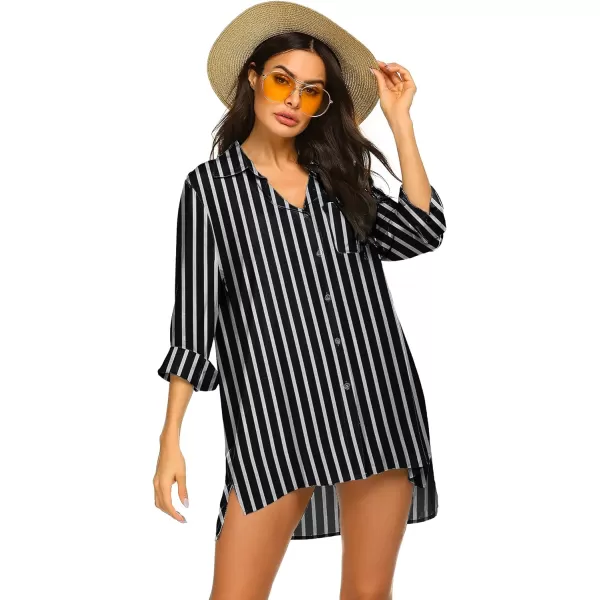 Ekouaer Womens Beach Bikini Coverup Long Rollup Sleeve Beach Shirt Bathing Suit Cover UpPat14black Stripe