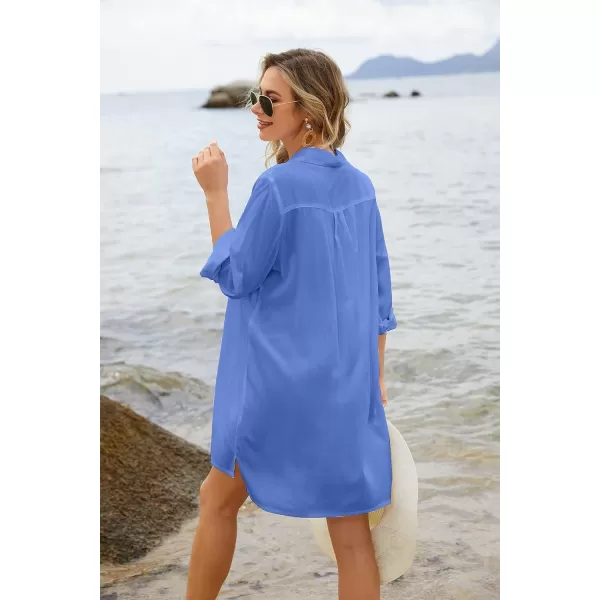 Ekouaer Womens Beach Bikini Coverup Long Rollup Sleeve Beach Shirt Bathing Suit Cover UpSapphire Blue