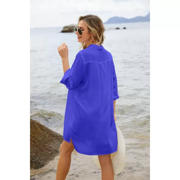 Ekouaer Womens Beach Bikini Coverup Long Rollup Sleeve Beach Shirt Bathing Suit Cover UpSnorkel Blue