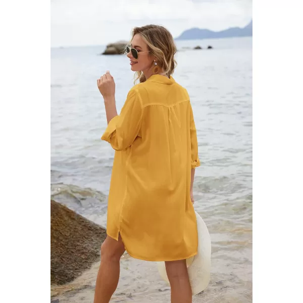 Ekouaer Womens Beach Bikini Coverup Long Rollup Sleeve Beach Shirt Bathing Suit Cover UpYellow