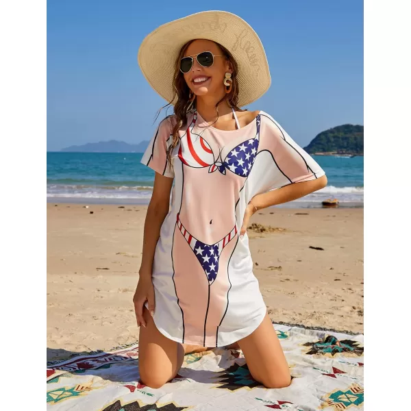 Ekouaer Womens Bikini Shirt Cover Up Short Sleeve Cute Bikini Print CoverUp Baggy T Shirt Dress Fun WearAmerican Flag