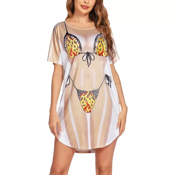 Ekouaer Womens Bikini Shirt Cover Up Short Sleeve Cute Bikini Print CoverUp Baggy T Shirt Dress Fun WearFlame Print