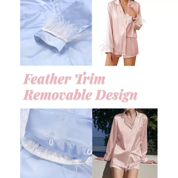 Ekouaer Womens Bridal Feather Trim Silk Satin Pajama Set Long Sleeve Lounge Sets Sleepwear Removable FeatherDark Pink