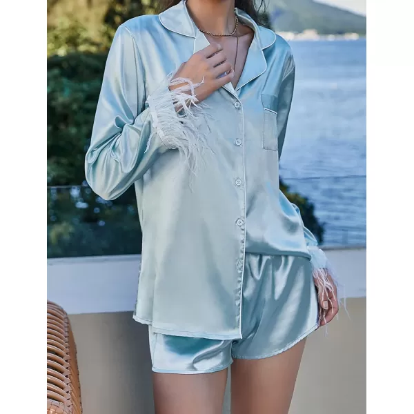 Ekouaer Womens Bridal Feather Trim Silk Satin Pajama Set Long Sleeve Lounge Sets Sleepwear Removable FeatherLight Blue