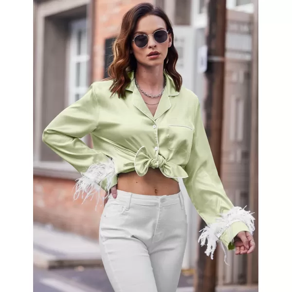Ekouaer Womens Bridal Feather Trim Silk Satin Pajama Set Long Sleeve Lounge Sets Sleepwear Removable FeatherLight Green