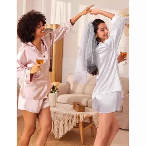 Ekouaer Womens Bridal Feather Trim Silk Satin Pajama Set Long Sleeve Lounge Sets Sleepwear Removable FeatherLight Green