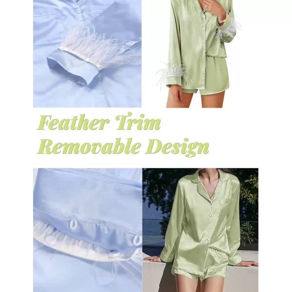 Ekouaer Womens Bridal Feather Trim Silk Satin Pajama Set Long Sleeve Lounge Sets Sleepwear Removable FeatherLight Green