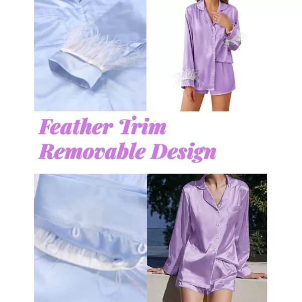 Ekouaer Womens Bridal Feather Trim Silk Satin Pajama Set Long Sleeve Lounge Sets Sleepwear Removable FeatherLilac Purple