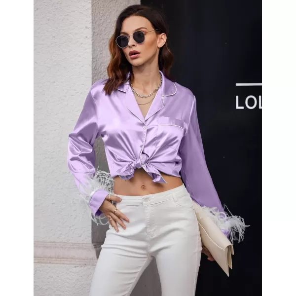 Ekouaer Womens Bridal Feather Trim Silk Satin Pajama Set Long Sleeve Lounge Sets Sleepwear Removable FeatherLilac Purple