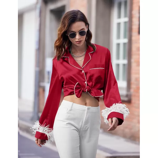 Ekouaer Womens Bridal Feather Trim Silk Satin Pajama Set Long Sleeve Lounge Sets Sleepwear Removable FeatherWine Red