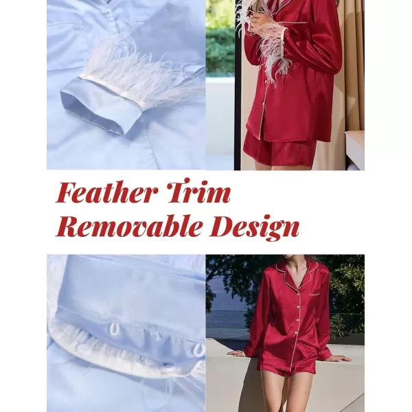 Ekouaer Womens Bridal Feather Trim Silk Satin Pajama Set Long Sleeve Lounge Sets Sleepwear Removable FeatherWine Red