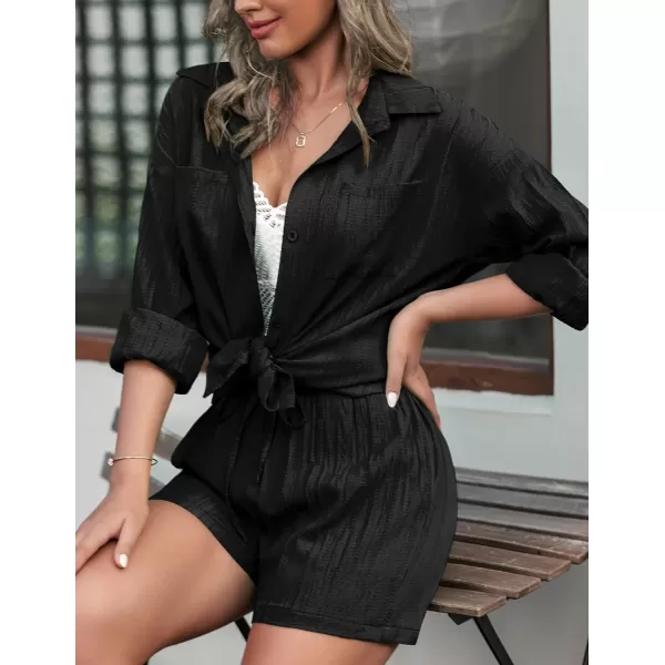 Ekouaer Womens Button Down Lounge Set Long Sleeve Shirt and Shorts 2 Piece Outfits Loungewear Pajama with PocketsBlack
