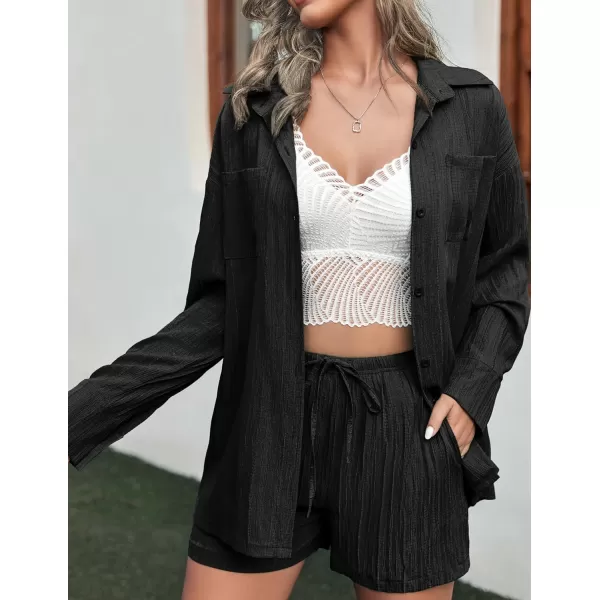 Ekouaer Womens Button Down Lounge Set Long Sleeve Shirt and Shorts 2 Piece Outfits Loungewear Pajama with PocketsBlack