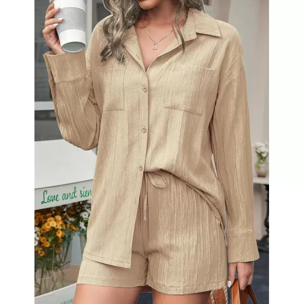 Ekouaer Womens Button Down Lounge Set Long Sleeve Shirt and Shorts 2 Piece Outfits Loungewear Pajama with PocketsChampagne