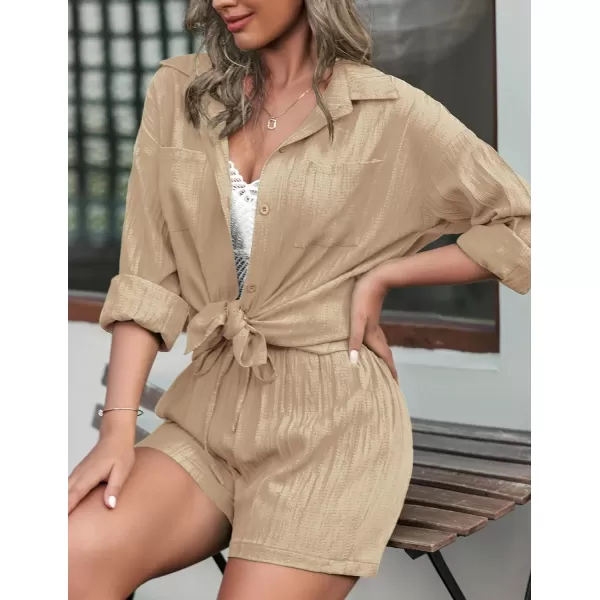 Ekouaer Womens Button Down Lounge Set Long Sleeve Shirt and Shorts 2 Piece Outfits Loungewear Pajama with PocketsChampagne