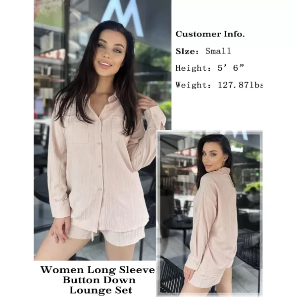Ekouaer Womens Button Down Lounge Set Long Sleeve Shirt and Shorts 2 Piece Outfits Loungewear Pajama with PocketsChampagne