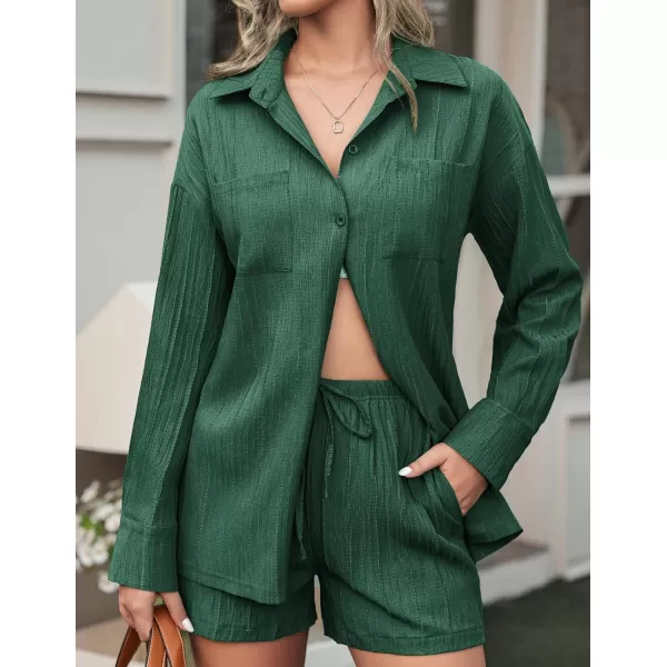 Ekouaer Womens Button Down Lounge Set Long Sleeve Shirt and Shorts 2 Piece Outfits Loungewear Pajama with PocketsDark Green