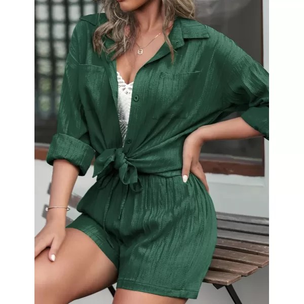 Ekouaer Womens Button Down Lounge Set Long Sleeve Shirt and Shorts 2 Piece Outfits Loungewear Pajama with PocketsDark Green