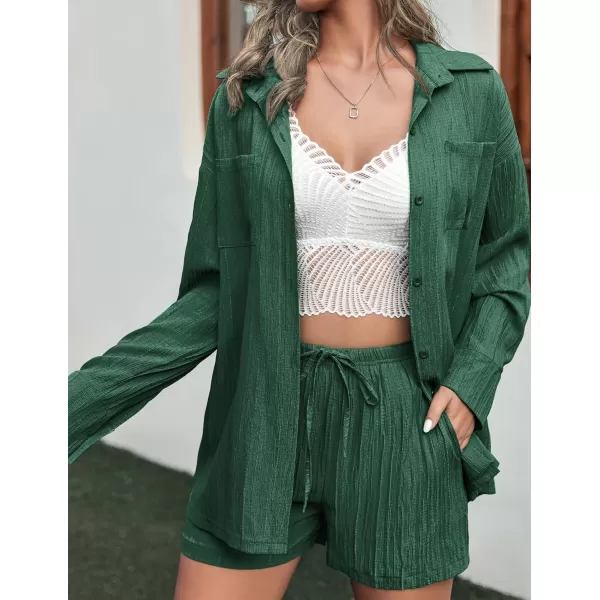 Ekouaer Womens Button Down Lounge Set Long Sleeve Shirt and Shorts 2 Piece Outfits Loungewear Pajama with PocketsDark Green