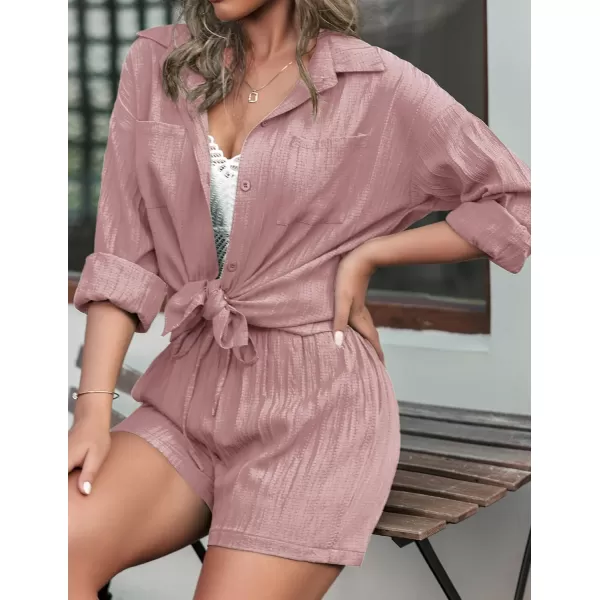 Ekouaer Womens Button Down Lounge Set Long Sleeve Shirt and Shorts 2 Piece Outfits Loungewear Pajama with PocketsDusty Rose