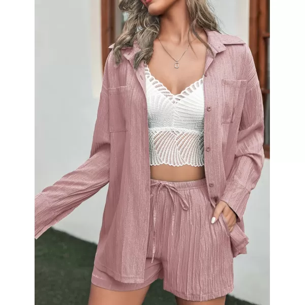 Ekouaer Womens Button Down Lounge Set Long Sleeve Shirt and Shorts 2 Piece Outfits Loungewear Pajama with PocketsDusty Rose