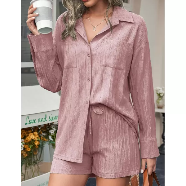 Ekouaer Womens Button Down Lounge Set Long Sleeve Shirt and Shorts 2 Piece Outfits Loungewear Pajama with PocketsDusty Rose