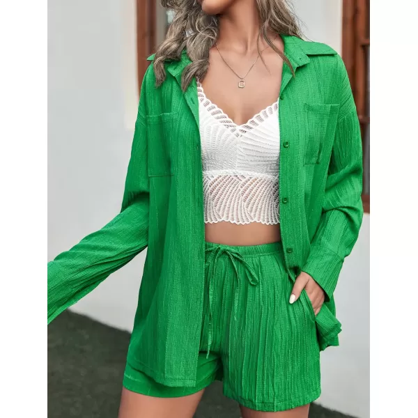 Ekouaer Womens Button Down Lounge Set Long Sleeve Shirt and Shorts 2 Piece Outfits Loungewear Pajama with PocketsGreen