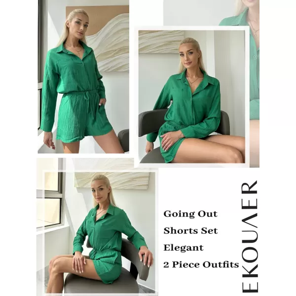 Ekouaer Womens Button Down Lounge Set Long Sleeve Shirt and Shorts 2 Piece Outfits Loungewear Pajama with PocketsGreen