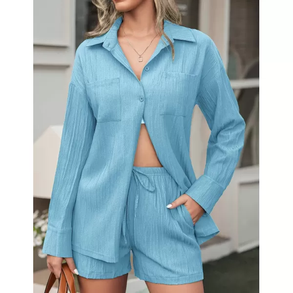 Ekouaer Womens Button Down Lounge Set Long Sleeve Shirt and Shorts 2 Piece Outfits Loungewear Pajama with PocketsLight Blue