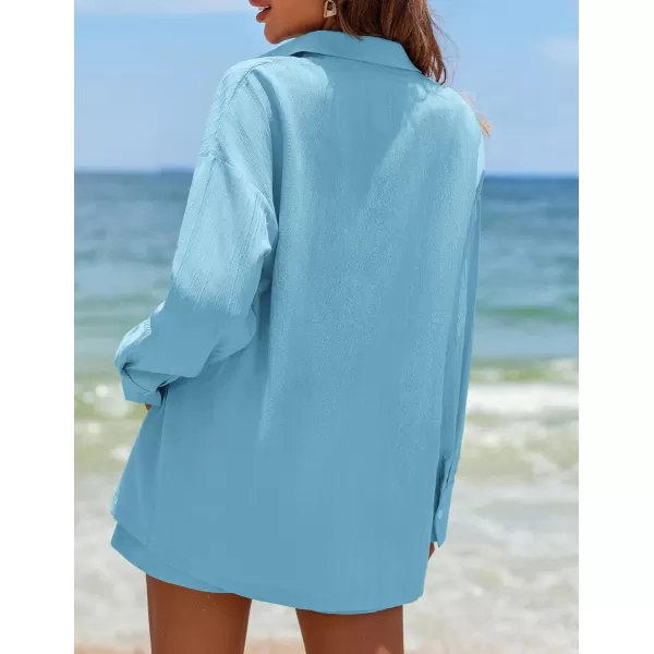 Ekouaer Womens Button Down Lounge Set Long Sleeve Shirt and Shorts 2 Piece Outfits Loungewear Pajama with PocketsLight Blue
