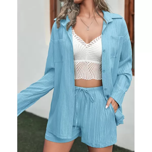Ekouaer Womens Button Down Lounge Set Long Sleeve Shirt and Shorts 2 Piece Outfits Loungewear Pajama with PocketsLight Blue
