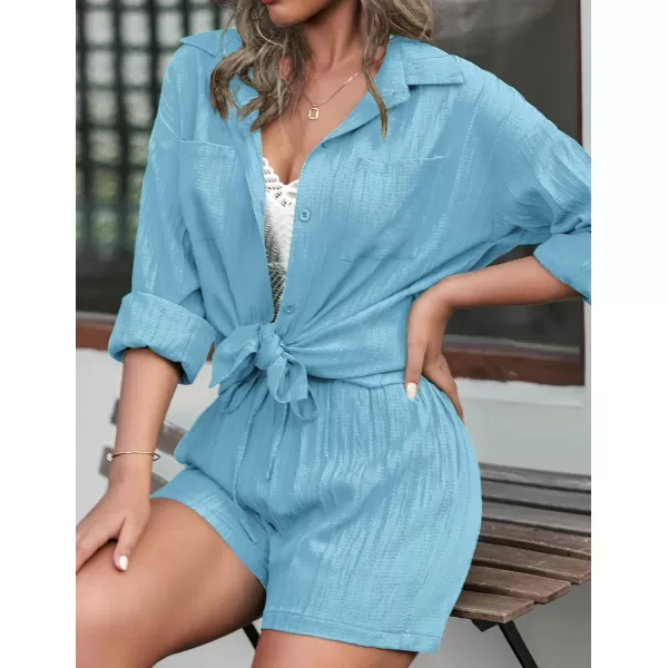 Ekouaer Womens Button Down Lounge Set Long Sleeve Shirt and Shorts 2 Piece Outfits Loungewear Pajama with PocketsLight Blue