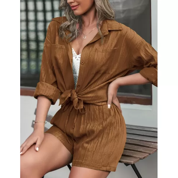 Ekouaer Womens Button Down Lounge Set Long Sleeve Shirt and Shorts 2 Piece Outfits Loungewear Pajama with PocketsLight Brown