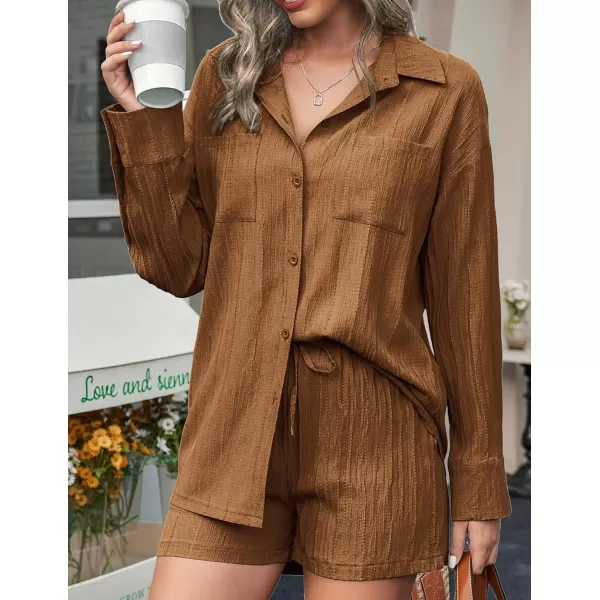 Ekouaer Womens Button Down Lounge Set Long Sleeve Shirt and Shorts 2 Piece Outfits Loungewear Pajama with PocketsLight Brown