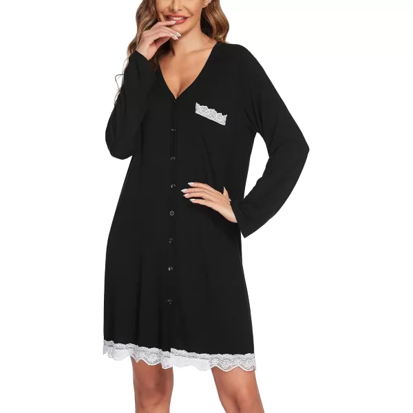 Ekouaer Womens Button Down Nightgown Pajamas DressRegular Long Sleeveblack