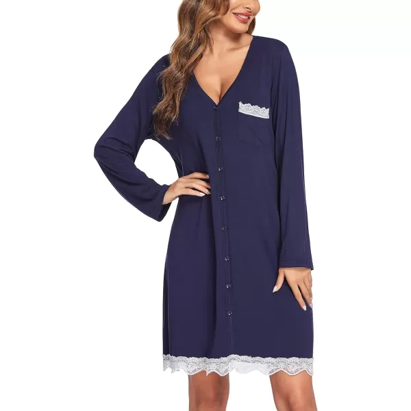 Ekouaer Womens Button Down Nightgown Pajamas DressRegular Long Sleevenavy Blue