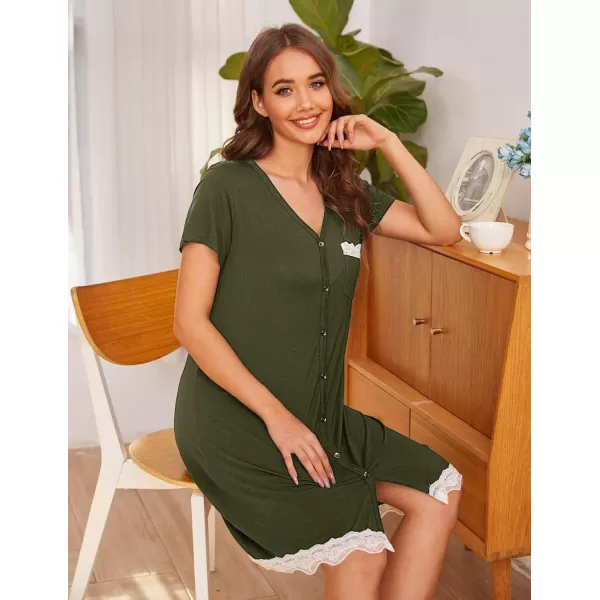 Ekouaer Womens Button Down Nightgown Pajamas Dressshort sleeve Army Green