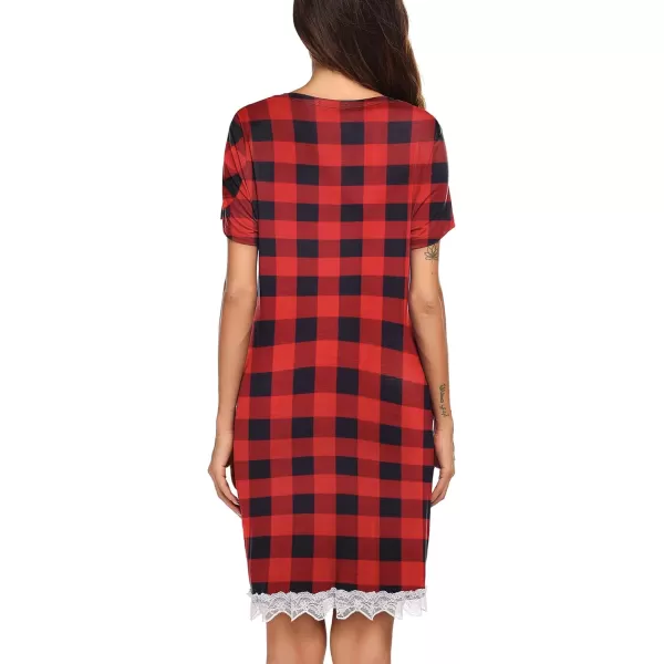 Ekouaer Womens Button Down Nightgown Pajamas Dressshort sleeve Red Check Pattern