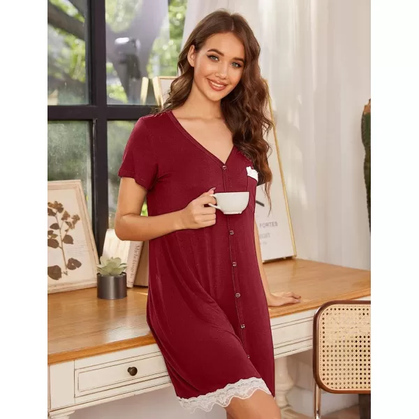 Ekouaer Womens Button Down Nightgown Pajamas Dressshort sleeve Wine Red