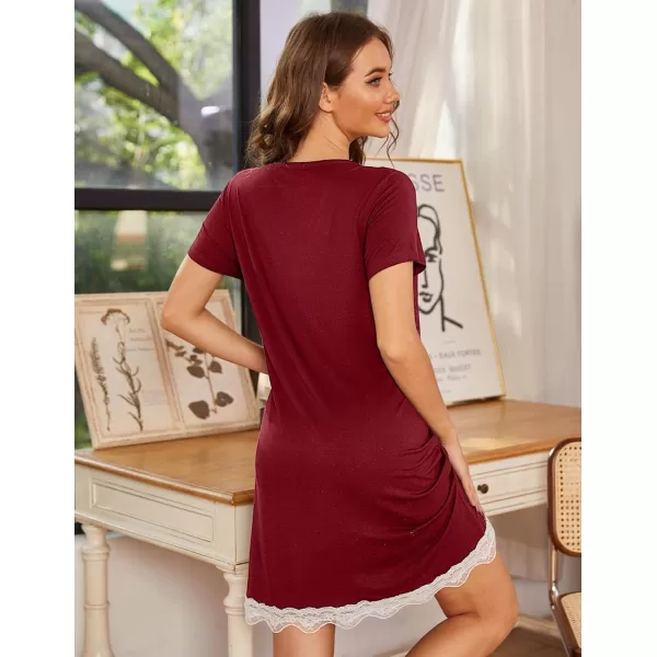 Ekouaer Womens Button Down Nightgown Pajamas Dressshort sleeve Wine Red