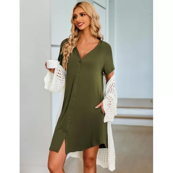 Ekouaer Womens Button Down Nightgown Short Sleeve Sleepshirt V Neck Night Shirt Soft Pajamas Dress with PocketsArmy Green